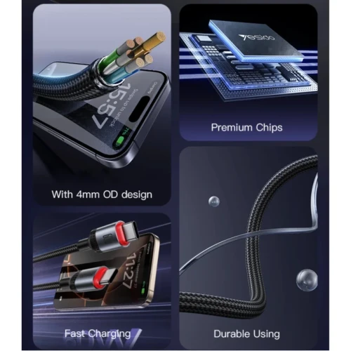 Yesido CA183 2M PD60W Fast Charging Type-C To Type-C 48-Strand Braided Cable Power LED Light Data Cable
