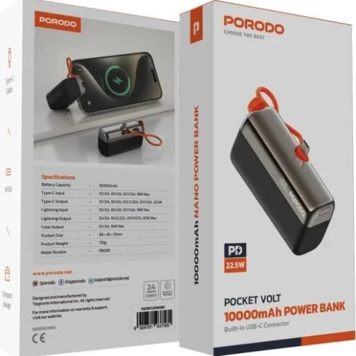 Porodo Pocket Volt 10000mAh Nano Power Bank, Built-in USB-C Connector
