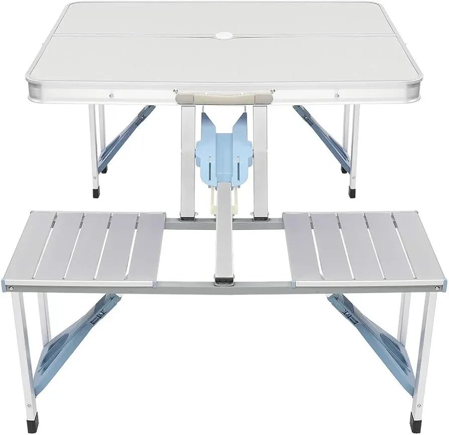 Picnic Tables, One Piece Folding Table and Chair Aluminum Alloy, Portable Folding Camping Picnic Table and 4 Seats, Portable Desk, for Indoor Outdoor Travel, Camping, Hole for Parasol