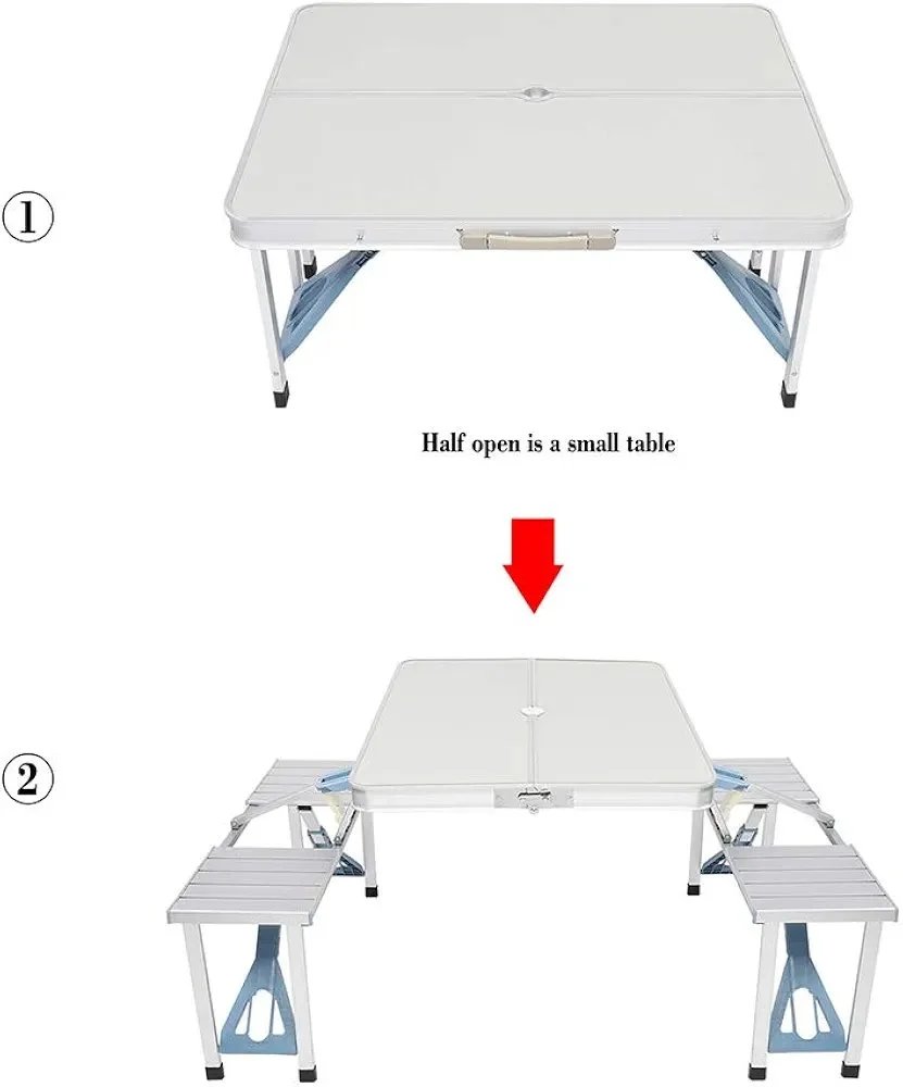 Picnic Tables, One Piece Folding Table and Chair Aluminum Alloy, Portable Folding Camping Picnic Table and 4 Seats, Portable Desk, for Indoor Outdoor Travel, Camping, Hole for Parasol