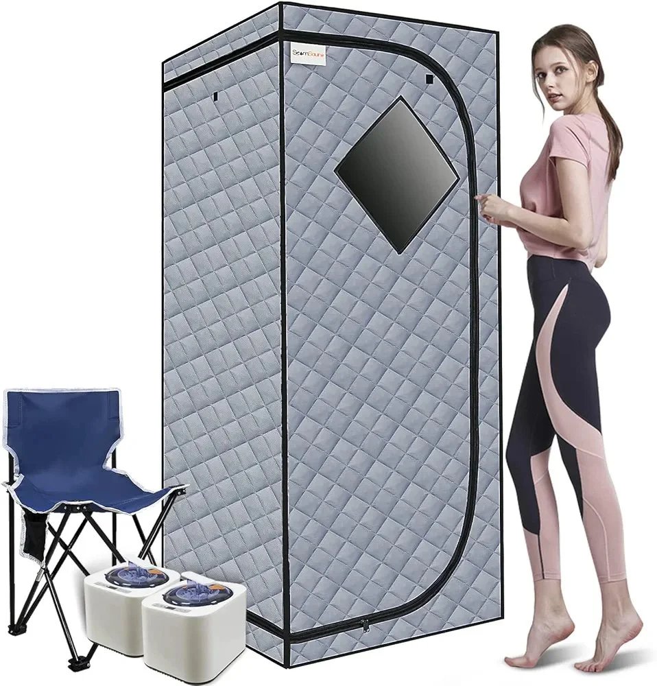 Portable Full Size Steam Sauna, Portable Saunas Fold-able with 2 * 2L Steam Generator Remote Control Folding Chair for Detox Reduce Stress Fatigue Indoor Home (Grey)