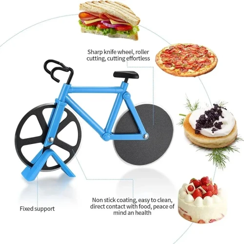 Motorcycle-themed pizza cutter, featuring a stainless steel dual-wheel design, a novel motorcycle-shaped pizza slicing tool.