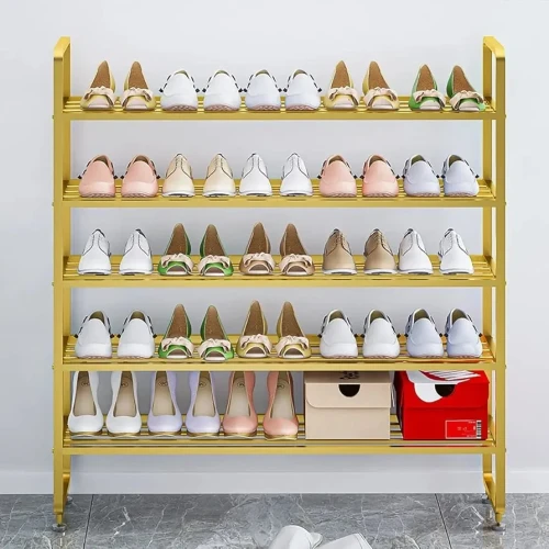 5 Tier Standing Shoe Rack, Golden Shoe Rack Stand Metal, Space Saving, Multifunction Shoe Storage Shelf Organizer for Living Room Hallway Cloakroom