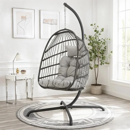 Swing Egg Chair with Stand Indoor Outdoor Wicker Rattan Patio Basket Hanging Chair with UV Resistant Cushions 350lbs Capacity for Bedroom Balcony Patio (Grey)