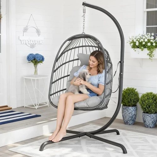Swing Egg Chair with Stand Indoor Outdoor Wicker Rattan Patio Basket Hanging Chair with UV Resistant Cushions 350lbs Capacity for Bedroom Balcony Patio (Grey)