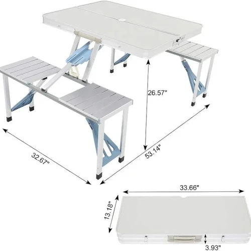 Picnic Tables, One Piece Folding Table and Chair Aluminum Alloy, Portable Folding Camping Picnic Table and 4 Seats, Portable Desk, for Indoor Outdoor Travel, Camping, Hole for Parasol