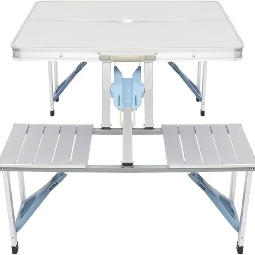 Picnic Tables, One Piece Folding Table and Chair Aluminum Alloy, Portable Folding Camping Picnic Table and 4 Seats, Portable Desk, for Indoor Outdoor Travel, Camping, Hole for Parasol