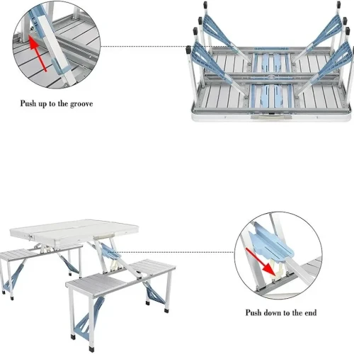 Picnic Tables, One Piece Folding Table and Chair Aluminum Alloy, Portable Folding Camping Picnic Table and 4 Seats, Portable Desk, for Indoor Outdoor Travel, Camping, Hole for Parasol