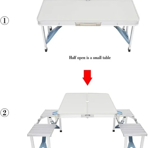 Picnic Tables, One Piece Folding Table and Chair Aluminum Alloy, Portable Folding Camping Picnic Table and 4 Seats, Portable Desk, for Indoor Outdoor Travel, Camping, Hole for Parasol