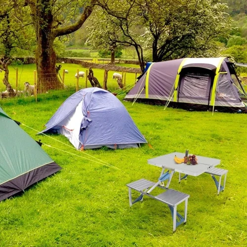 Picnic Tables, One Piece Folding Table and Chair Aluminum Alloy, Portable Folding Camping Picnic Table and 4 Seats, Portable Desk, for Indoor Outdoor Travel, Camping, Hole for Parasol