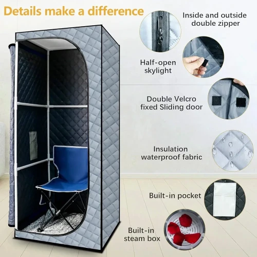 Portable Full Size Steam Sauna, Portable Saunas Fold-able with 2 * 2L Steam Generator Remote Control Folding Chair for Detox Reduce Stress Fatigue Indoor Home (Grey)