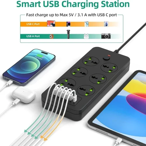 Flat Plug Extension Cord, Universal Power Strip with 6 Outlets 4 USB 2 USB C Ports, 3.1A Fast Charge，Overload Protection, 3000w, 110-240v, Plug Adapter for Home Office Overseas Travel Essentials