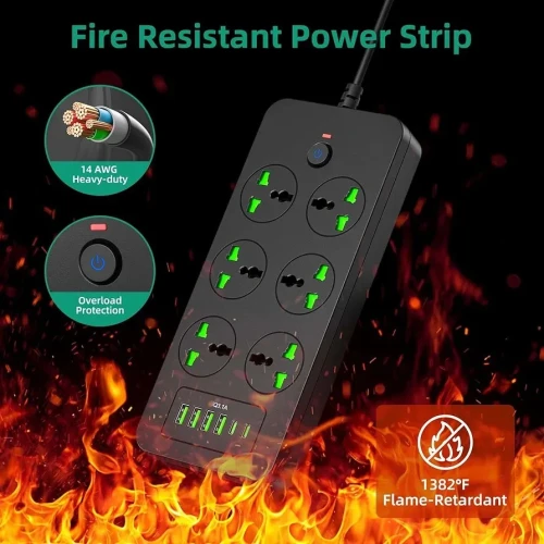 Flat Plug Extension Cord, Universal Power Strip with 6 Outlets 4 USB 2 USB C Ports, 3.1A Fast Charge，Overload Protection, 3000w, 110-240v, Plug Adapter for Home Office Overseas Travel Essentials