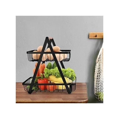 2-Tier Countertop Fruit Basket Bowl Bread Basket Vegetable Holder Kitchen Storage, Black