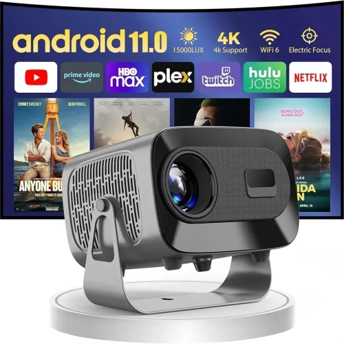 A10 PLUS Projector – Android 11.0, Electric Focus, WiFi 6, Auto Keystone, 15000 Lumens Full HD 1080P Supported, 360° Angle Adjustment Movie Projector for Home Theater