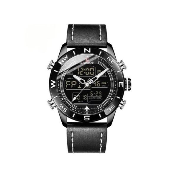 Leather Strapped Digital And Analog Watch - Black