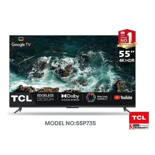 TCL 55 Inch Bezel-Less Full Screen Series Ultra HD 4K Smart LED Google TV 55P635 Pro (Black)