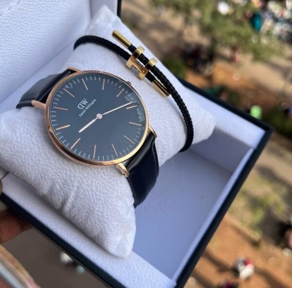 Men's DW black leather watch with free bracelet.