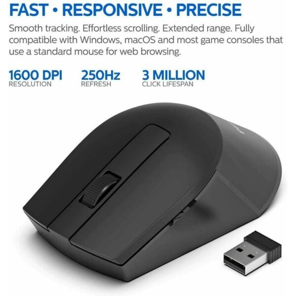 PHILIPS Wireless Mouse 3-Button Ergonomic Optical Mouse M334 with Nano Receiver for Windows, MacOS, Xbox One, PS4 & More — USB Plug and Play - Image 3