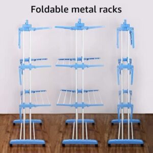 Folding 3 Tier Clothes Drying Rack Rolling Collapsible Garment Laundry Dryer Hanger Stand Rail With Two Side Wings Indoor Blue