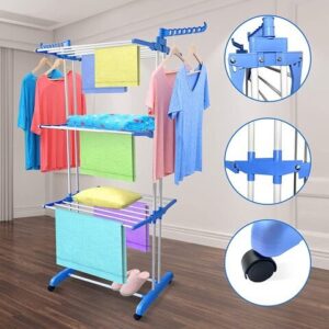 Folding 3 Tier Clothes Drying Rack Rolling Collapsible Garment Laundry Dryer Hanger Stand Rail With Two Side Wings Indoor Blue