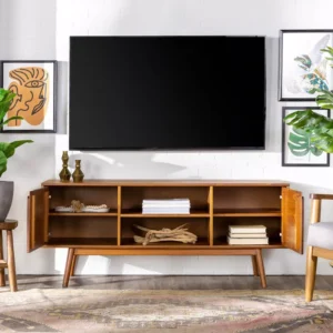 Solid Wood Mid-Century Modern TV Stand for TVs up to 65" Caramel