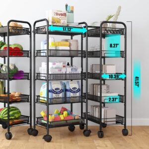 Metallic Kitchen Storage Organizer 5 Tiers Movable Cart