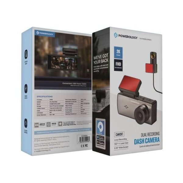 Powerology Dual Recording Dash Camera, Built-in Microphone & Speaker, 150° 4-Lane View Black