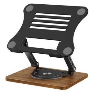 J31 Foldable 360 Degree Rotating Wooden Base Laptop Stand, Metal Wood Combination