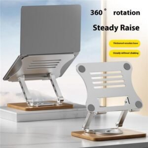 J31 Foldable 360 Degree Rotating Wooden Base Laptop Stand, Metal Wood Combination