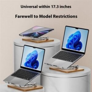 J31 Foldable 360 Degree Rotating Wooden Base Laptop Stand, Metal Wood Combination