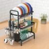 Dish Drainer Rack Dish Drying Rack 3-Tier Drip Tray, Spice Rack Stainless Steel Drain Storage Rack Kitchen Organizer Shelf with Drain Board, Utensils Holder