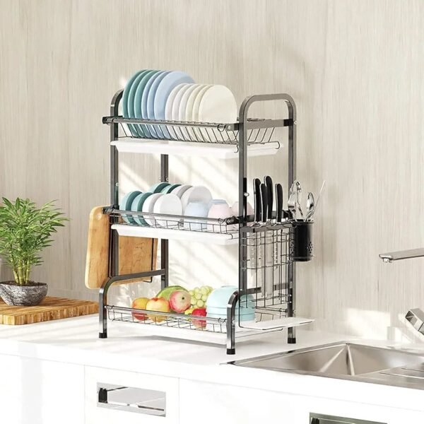 Dish Drainer Rack Dish Drying Rack 3-Tier Drip Tray, Spice Rack Stainless Steel Drain Storage Rack Kitchen Organizer Shelf with Drain Board, Utensils Holder - Image 2