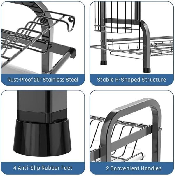 Dish Drainer Rack Dish Drying Rack 3-Tier Drip Tray, Spice Rack Stainless Steel Drain Storage Rack Kitchen Organizer Shelf with Drain Board, Utensils Holder - Image 5