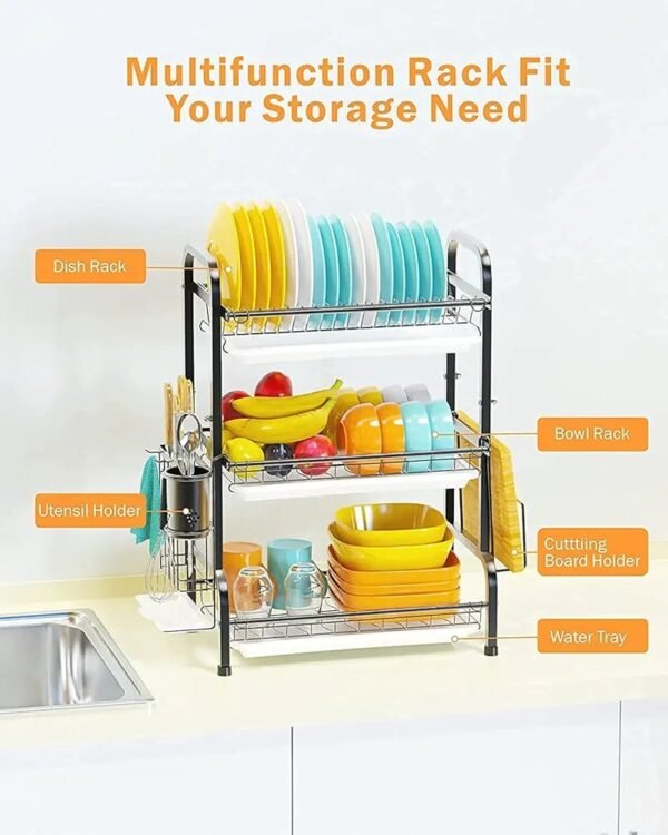 Dish Drainer Rack Dish Drying Rack 3-Tier Drip Tray, Spice Rack Stainless Steel Drain Storage Rack Kitchen Organizer Shelf with Drain Board, Utensils Holder - Image 7