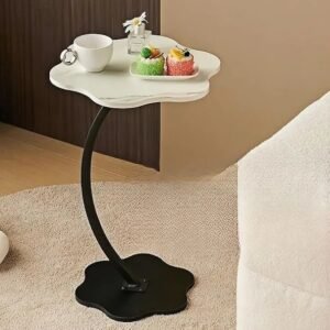 C Shaped Side Table, End Table, C Shaped Sofa Side Table, Couch Side Tables Modern Design, Coffee Eating Snack Time Tray for Living Room Office, Metal and Wood (White+Black)