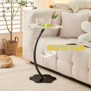 C Shaped Side Table, End Table, C Shaped Sofa Side Table, Couch Side Tables Modern Design, Coffee Eating Snack Time Tray for Living Room Office, Metal and Wood (White+Black)