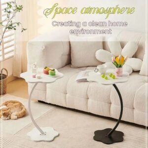 C Shaped Side Table, End Table, C Shaped Sofa Side Table, Couch Side Tables Modern Design, Coffee Eating Snack Time Tray for Living Room Office, Metal and Wood (White+Black)