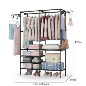 Multifunctional Clothes Hanger Stand, Simple Fashion Clothes Wardrobe, Double Row Clothes Rack, Floor Garment Storage Wardrobe, Metal Black Floor Standing Coat Rack, Hallway Furniture Assembly Hanger Shelf