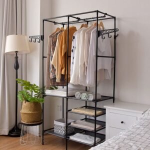 Multifunctional Clothes Hanger Stand, Simple Fashion Clothes Wardrobe, Double Row Clothes Rack, Floor Garment Storage Wardrobe, Metal Black Floor Standing Coat Rack, Hallway Furniture Assembly Hanger Shelf