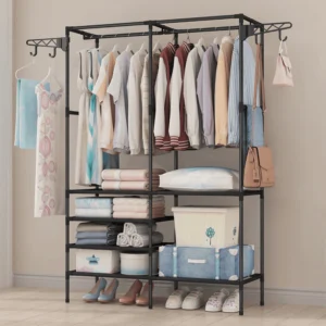 Multifunctional Clothes Hanger Stand, Simple Fashion Clothes Wardrobe, Double Row Clothes Rack, Floor Garment Storage Wardrobe, Metal Black Floor Standing Coat Rack, Hallway Furniture Assembly Hanger Shelf