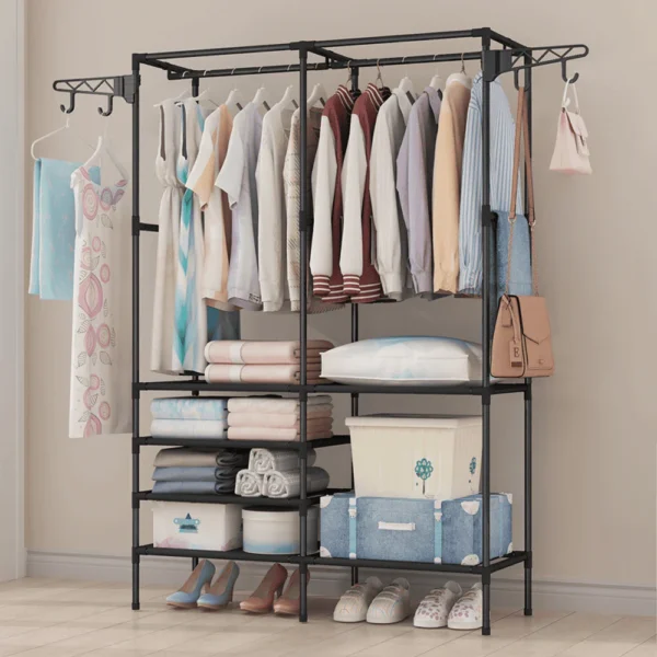 Multifunctional Clothes Hanger Stand, Simple Fashion Clothes Wardrobe, Double Row Clothes Rack, Floor Garment Storage Wardrobe, Metal Black Floor Standing Coat Rack, Hallway Furniture Assembly Hanger Shelf