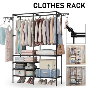 Multifunctional Clothes Hanger Stand, Simple Fashion Clothes Wardrobe, Double Row Clothes Rack, Floor Garment Storage Wardrobe, Metal Black Floor Standing Coat Rack, Hallway Furniture Assembly Hanger Shelf