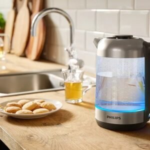 Philips Glass Kettle Series 5000-2200W, 1.7L, Blue Light Indicator, Removable lid, Metal/Transparent - HD9339/81