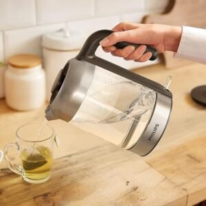 Philips Glass Kettle Series 5000-2200W, 1.7L, Blue Light Indicator, Removable lid, Metal/Transparent - HD9339/81