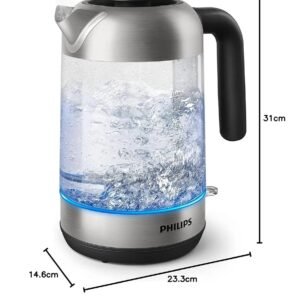 Philips Glass Kettle Series 5000-2200W, 1.7L, Blue Light Indicator, Removable lid, Metal/Transparent - HD9339/81