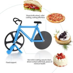 Motorcycle-themed pizza cutter, featuring a stainless steel dual-wheel design, a novel motorcycle-shaped pizza slicing tool.