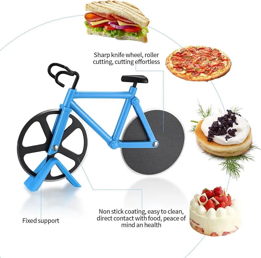 Motorcycle-themed pizza cutter, featuring a stainless steel dual-wheel design, a novel motorcycle-shaped pizza slicing tool.