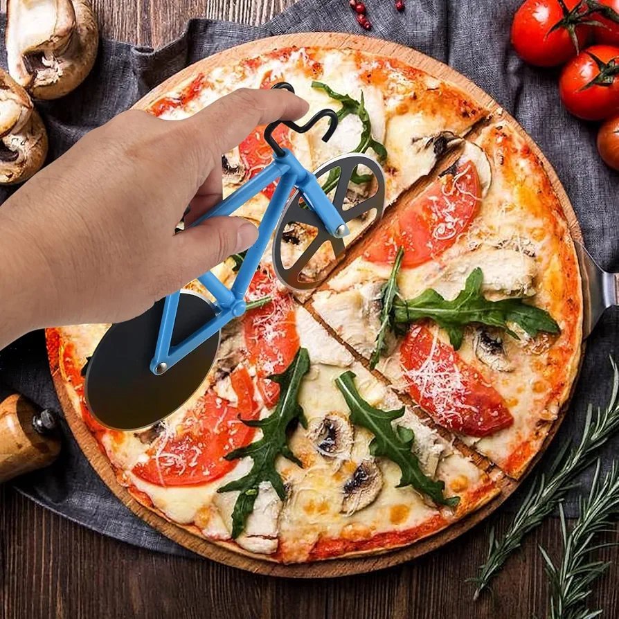 Motorcycle-themed pizza cutter, featuring a stainless steel dual-wheel design, a novel motorcycle-shaped pizza slicing tool. - Image 7