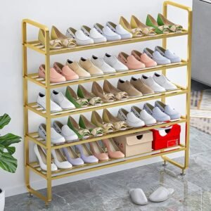 5 Tier Standing Shoe Rack, Golden Shoe Rack Stand Metal, Space Saving, Multifunction Shoe Storage Shelf Organizer for Living Room Hallway Cloakroom